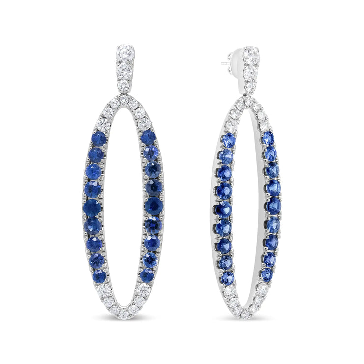 View details for 18K White Gold 1.11 Cttw Blue Round Diamond and Blue Sapphire Openwork Oval Shaped Dangle Earrings (F-G Color, VS1-VS2 Clarity)