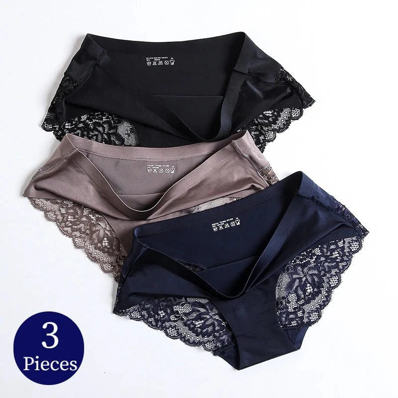 WHPC 3PCS/Set Lace Women's Panties Big Size 4XL Soft Cozy Underwear Female Silk Satin Briefs Breathable Underpants Sexy Lingerie [UND] WarmSteps Lingerie Store