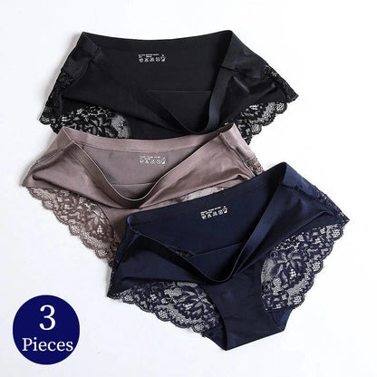 WHPC 3PCS/Set Lace Women's Panties Big Size 4XL Soft Cozy Underwear Female Silk Satin Briefs Breathable Underpants Sexy Lingerie [UND] WarmSteps Lingerie Store