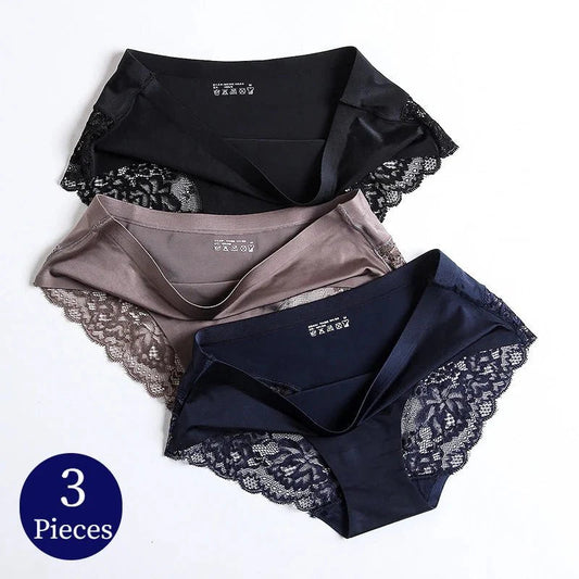 WHPC 3PCS/Set Lace Women's Panties Big Size 4XL Soft Cozy Underwear Female Silk Satin Briefs Breathable Underpants Sexy Lingerie [UND] WarmSteps Lingerie Store