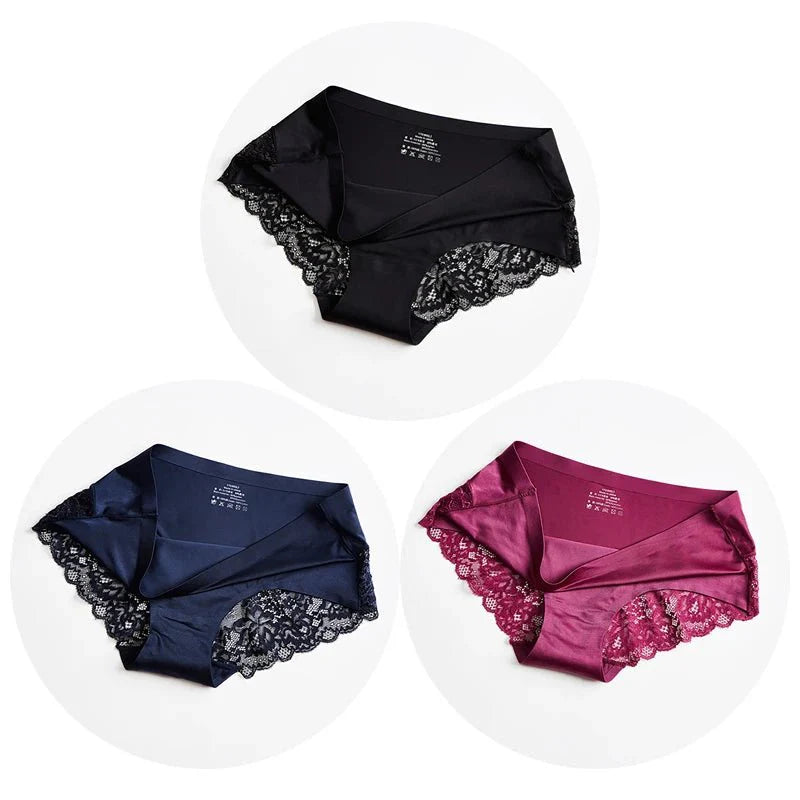WHPC 3PCS/Set Lace Women's Panties Big Size 4XL Soft Cozy Underwear Female Silk Satin Briefs Breathable Underpants Sexy Lingerie [UND] WarmSteps Lingerie Store